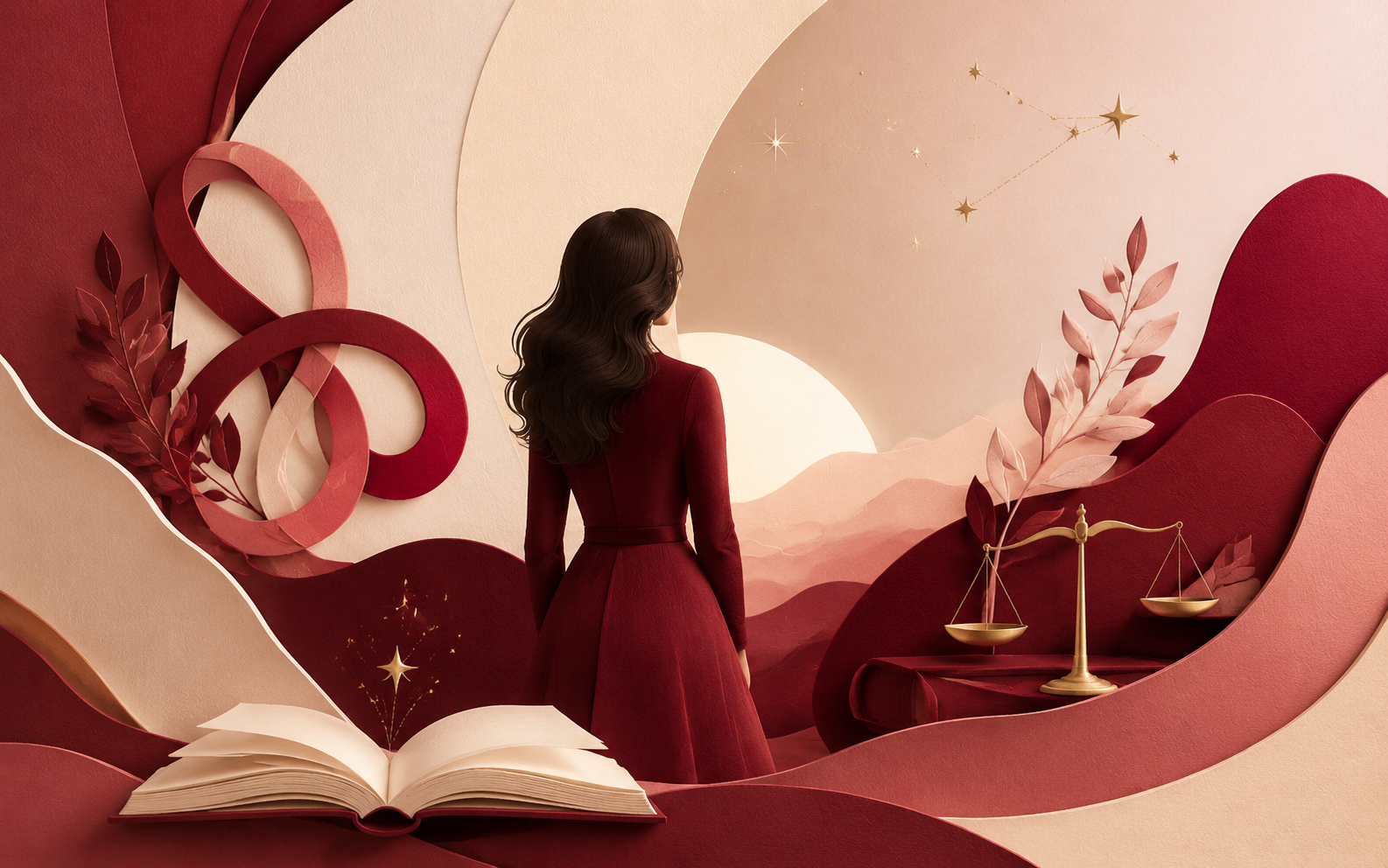Illustration symbolique d'une femme brillante entourée de livres et de la balance de la justice